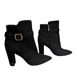 Sam Edelman Black Leather Ankle Booties Pointed Toe Buckle Block Heel  Size 9.5